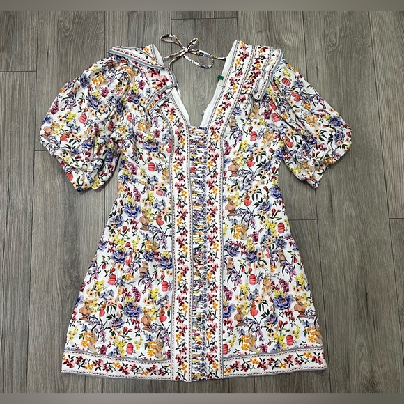 FARM RIO Off-White Greek Garden Ruffled Floral-Print Linen Blend Mini Dress XL - Picture 2 of 10